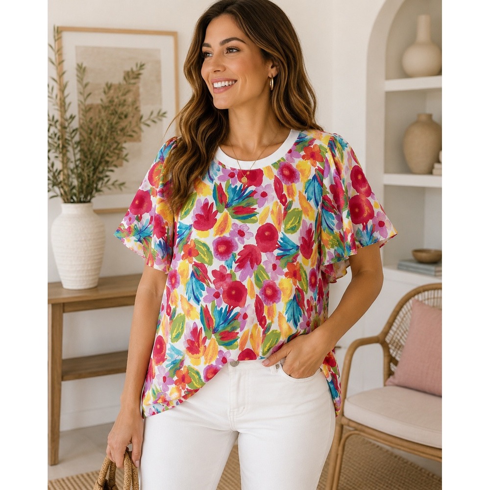 Colorful Watercolor Floral Flutter Sleeve Blouse XL Nicole Miller